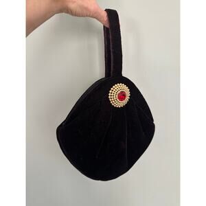 Vintage Black Velvet Evening Purse red gold jewel wristlet Loop Bag Monet glam